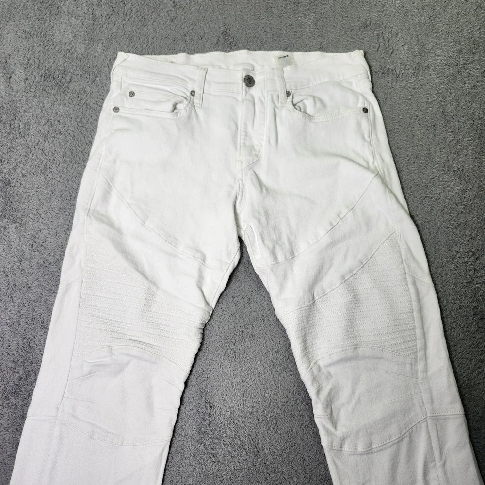 True Religion Mens 31 Geno Relaxed Slim Jeans White Moto Ribbed Biker Denim